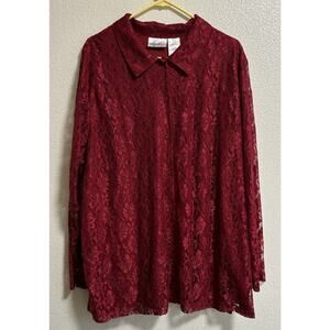 Kathy Lee Women’s Plus Size 22/24 Red Lace Overlay Lined Button Up Blouse Granny